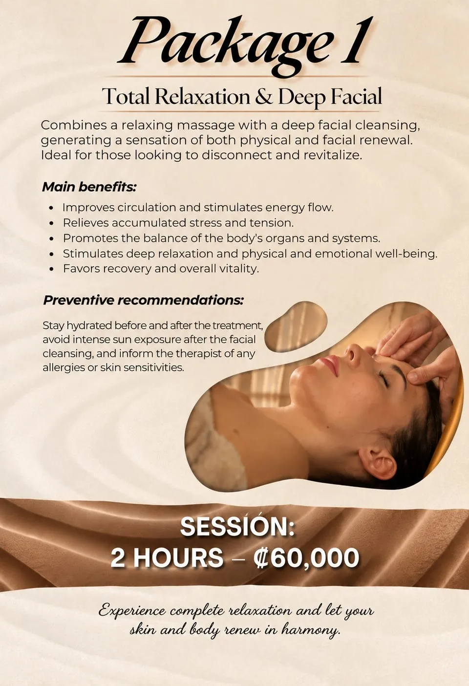 Package 1: Total Relaxation & Deep Facial, 2 hours, ₡60,000