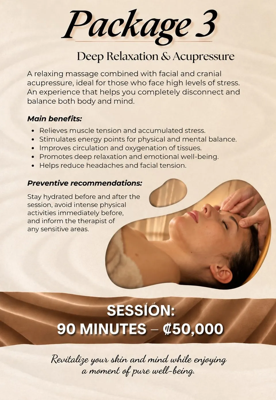 Package 3: Deep Relaxation & Acupressure, 90 minutes, ₡50,000