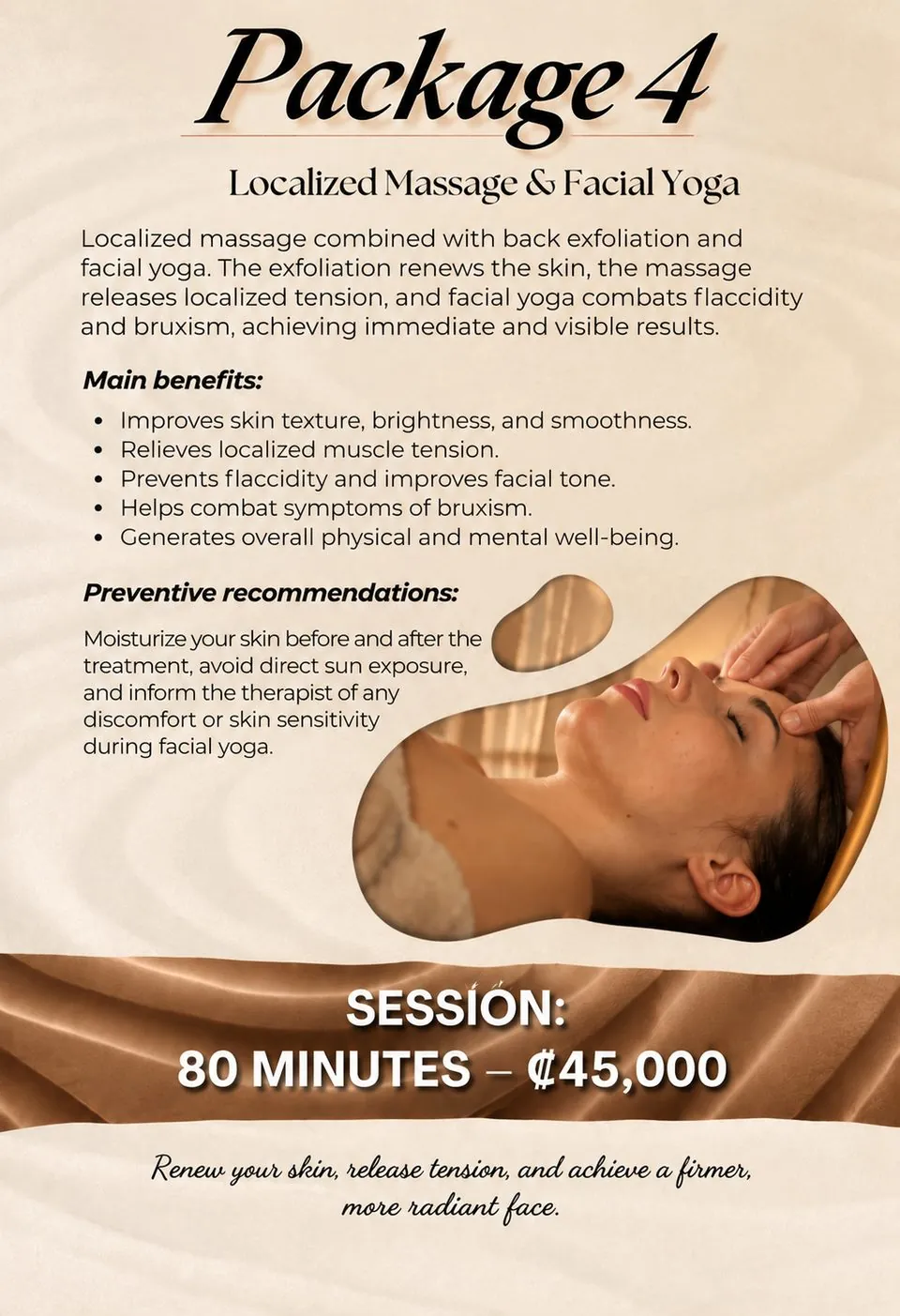 Package 4: Localized Massage & Facial Yoga, 80 minutes, ₡45,000